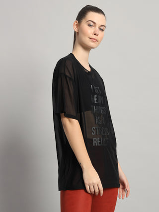 MKH Womens Black Oversized Mesh Oversized Workout T-Shirt