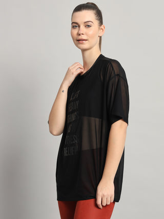 MKH Womens Black Oversized Mesh Oversized Workout T-Shirt