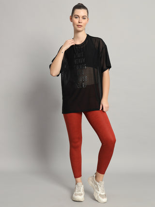 MKH Womens Black Oversized Mesh Oversized Workout T-Shirt