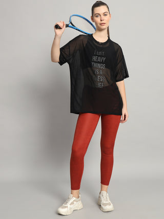 MKH Womens Black Oversized Mesh Oversized Workout T-Shirt