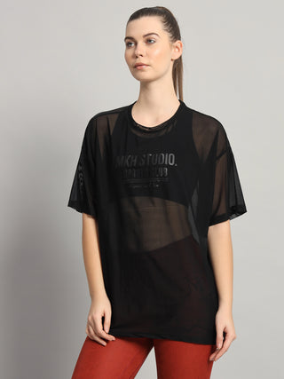 MKH Womens Black Oversized Mesh T-Shirt Casual Fitness Wear