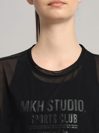 MKH Womens Black Oversized Mesh T-Shirt Casual Fitness Wear