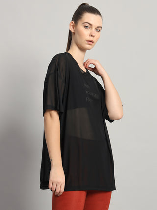 MKH Womens Black Flowy Mesh T-Shirt Oversized Athleisure