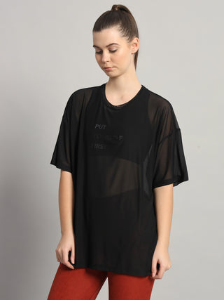 MKH Womens Black Flowy Mesh T-Shirt Oversized Athleisure