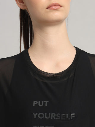 MKH Womens Black Flowy Mesh T-Shirt Oversized Athleisure