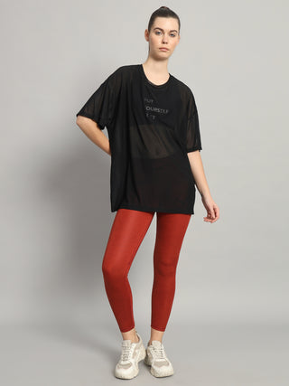 MKH Womens Black Flowy Mesh T-Shirt Oversized Athleisure