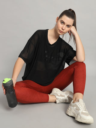 MKH Womens Black Flowy Mesh T-Shirt Oversized Athleisure
