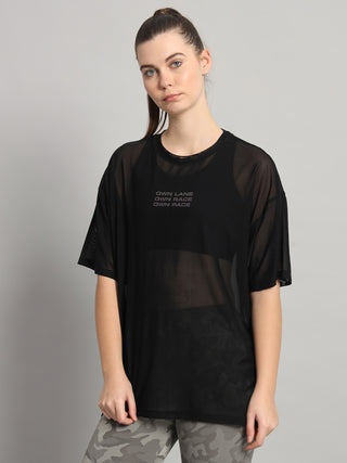MKH Black Mesh Oversized T-Shirt Womens Sporty Gym Layer