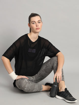 MKH Black Mesh Oversized T-Shirt Womens Sporty Gym Layer