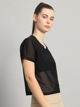 MKH Black Mesh Short Length T-Shirt Women Trendy Fitness Wear