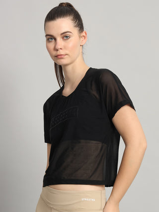MKH Black Mesh Short Length T-Shirt Women Trendy Fitness Wear
