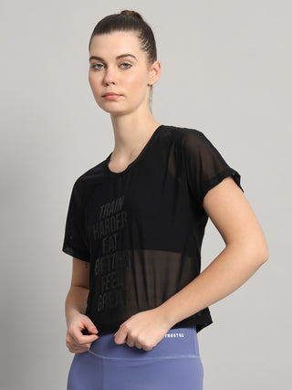 MKH Black Mesh Crop T-Shirt Women Gym And Fitness Style
