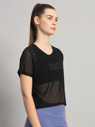 MKH Black Mesh Crop T-Shirt Women Relaxed Gym Style