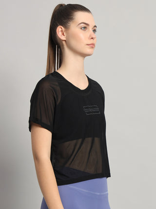 MKH Black Mesh Crop Fit T-Shirt Women Sporty Workout Essential
