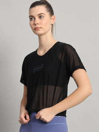 MKH Black Mesh Crop Fit T-Shirt Women Sporty Workout Essential