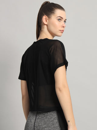MKH Black Mesh Short Fit T-Shirt Women Yoga Training Wear