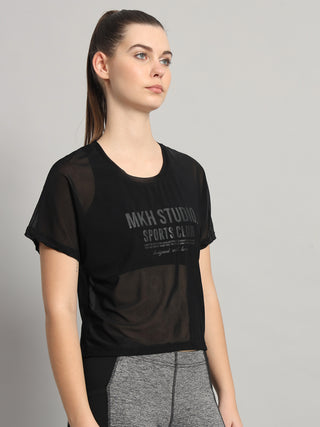 MKH Black Mesh Short Fit T-Shirt Women Yoga Training Wear
