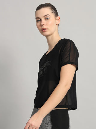 MKH Black Mesh Short Fit T-Shirt Women Yoga Training Wear