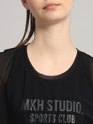 MKH Black Mesh Short Fit T-Shirt Women Yoga Training Wear