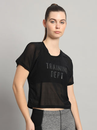 MKH Black Breathable Mesh Crop T-Shirt Women Fitness Wear