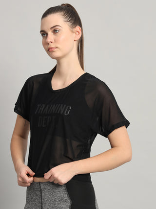 MKH Black Breathable Mesh Crop T-Shirt Women Fitness Wear