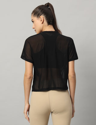 MKH Black Mesh Short Fit T-Shirt Women Casual Workout Wear