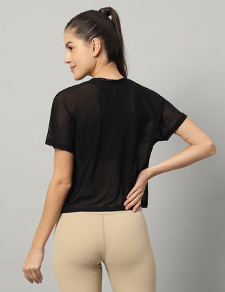 MKH Black Mesh Short Length T-Shirt Women Breathable Yoga Wear