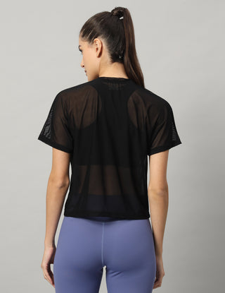 MKH Black Lightweight Mesh Short Length Women Training  T-Shirt