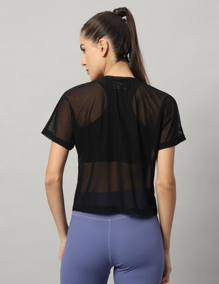 MKH Black Mesh Crop T-Shirt Women Sporty Activewear