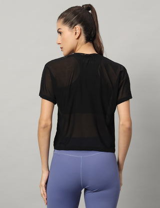 MKH Black Mesh Short Length T-Shirt Women Sporty Look
