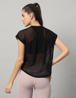 MKH Sheer Mesh T Shirt Womens Curved Hem Fitness Look