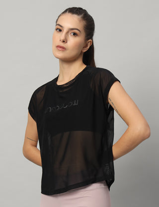 MKH Sheer Mesh T Shirt Womens Curved Hem Fitness Look