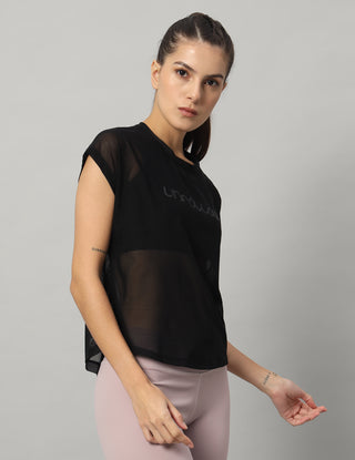 MKH Sheer Mesh T Shirt Womens Curved Hem Fitness Look