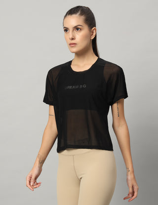 MKH Black Mesh Short Fit T-Shirt Women Casual Workout Wear