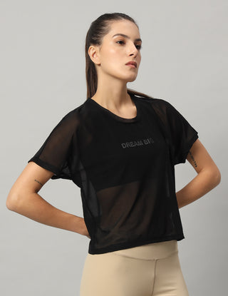 MKH Black Mesh Short Fit T-Shirt Women Casual Workout Wear