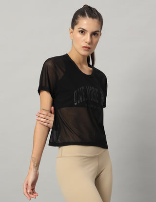 MKH Black Mesh Crop Fit T-Shirt Women Modern Athleisure Look