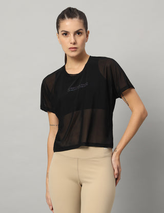MKH Black Mesh Short Length T-Shirt Women Breathable Yoga Wear