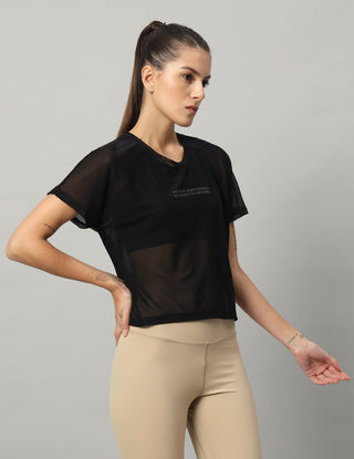 MKH Black Mesh Short Length T-Shirt Women Breathable Yoga Wear
