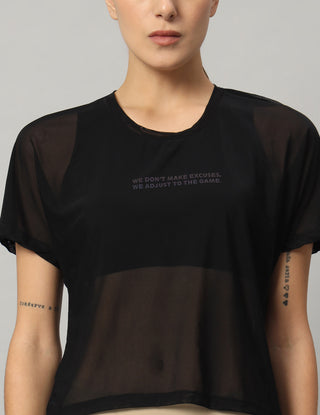 MKH Black Mesh Short Length T-Shirt Women Breathable Yoga Wear