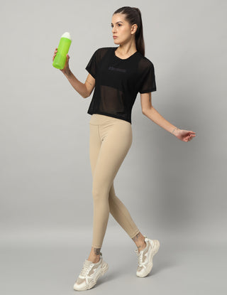 MKH Black Mesh Short Length T-Shirt Women Breathable Yoga Wear