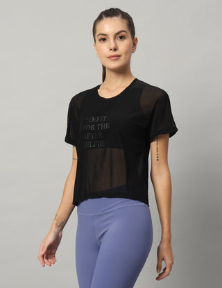 MKH Black Mesh Short Length T-Shirt Women Trendy Athleisure Wear