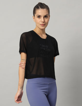 MKH Black Mesh Short Length T-Shirt Women Trendy Athleisure Wear