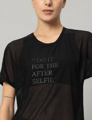 MKH Black Mesh Short Length T-Shirt Women Trendy Athleisure Wear