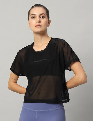 MKH Black Lightweight Mesh Short Length Women Training  T-Shirt