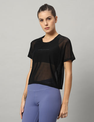 MKH Black Lightweight Mesh Short Length Women Training  T-Shirt