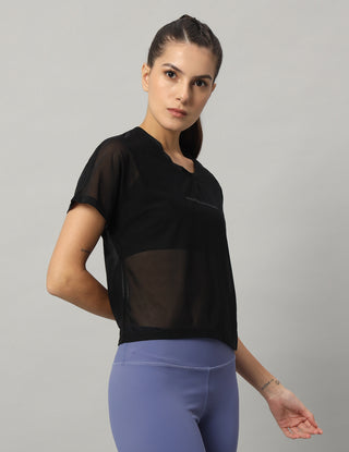 MKH Black Lightweight Mesh Short Length Women Training  T-Shirt