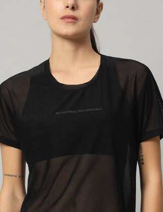 MKH Black Lightweight Mesh Short Length Women Training  T-Shirt