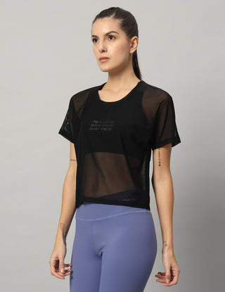 MKH Black Mesh Crop T-Shirt Women Sporty Activewear