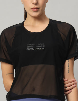 MKH Black Mesh Crop T-Shirt Women Sporty Activewear