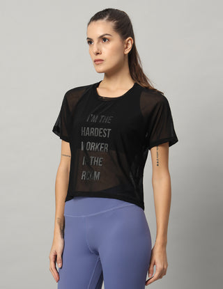 MKH Black Mesh Crop T-Shirt Women Breathable Workout Essential